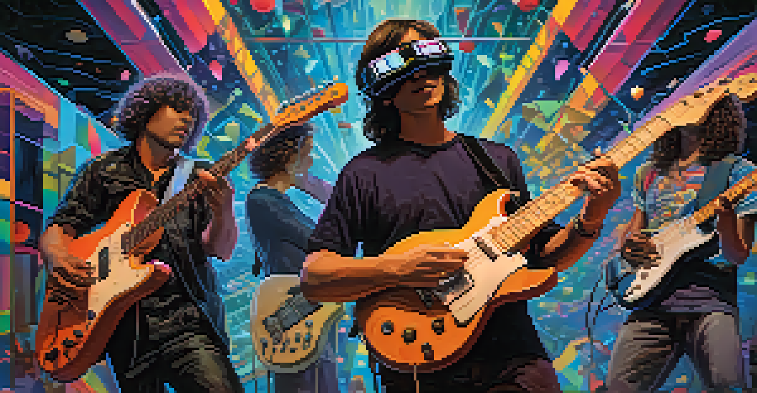 Virtual reality concert featuring diverse guitarists jamming together in a colorful cybernetic space.