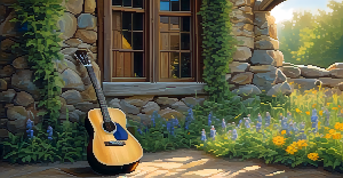 A weathered wooden guitar leaning against a stone wall, surrounded by colorful wildflowers under soft golden sunlight.