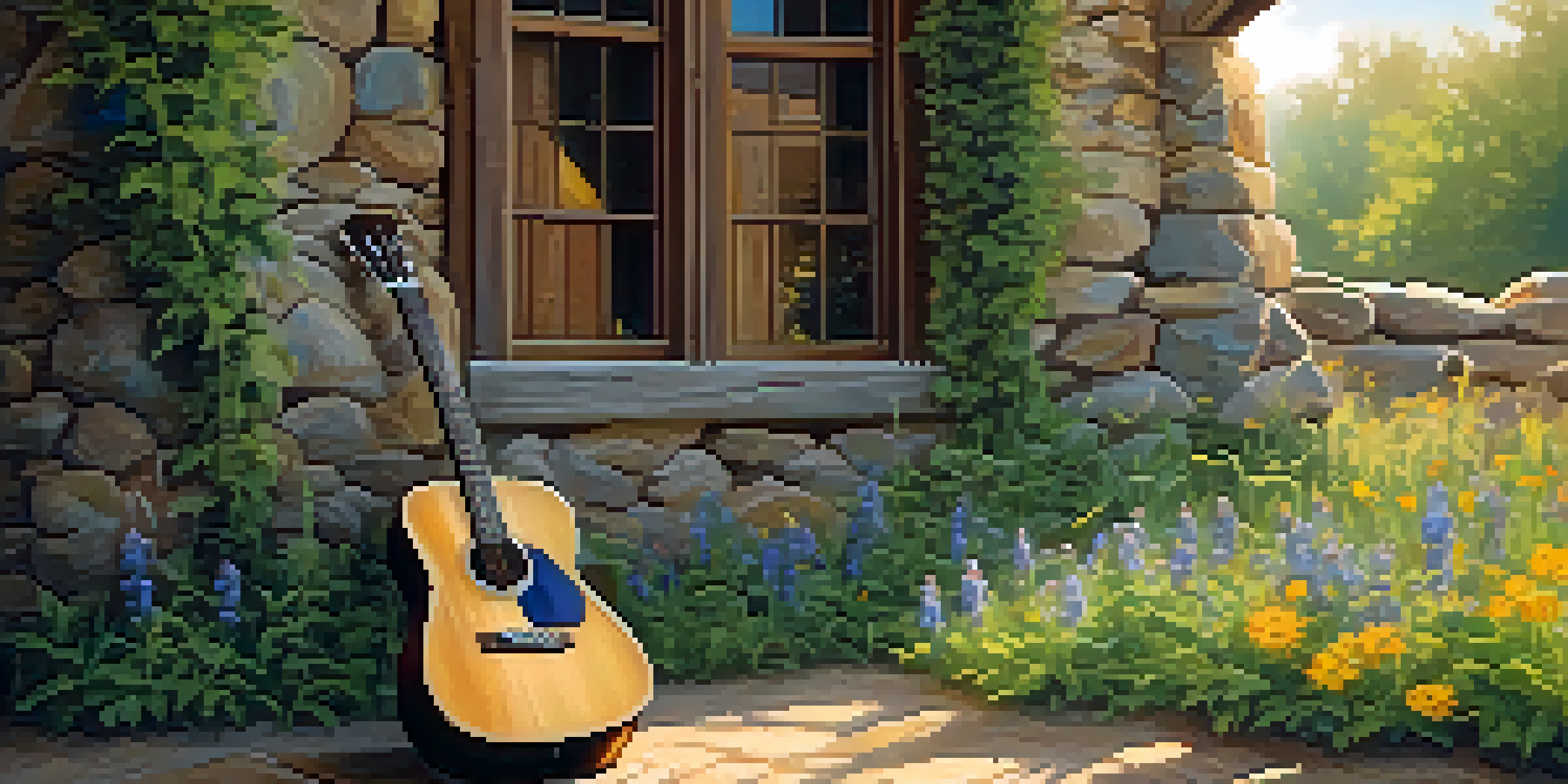 A weathered wooden guitar leaning against a stone wall, surrounded by colorful wildflowers under soft golden sunlight.