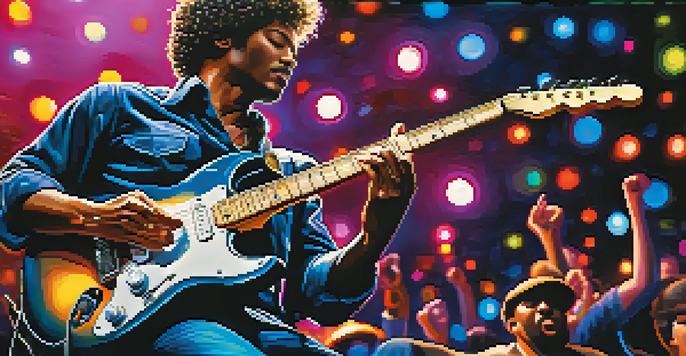 A seasoned blues guitarist playing an electric guitar on stage, with colorful lights and a cheering crowd.