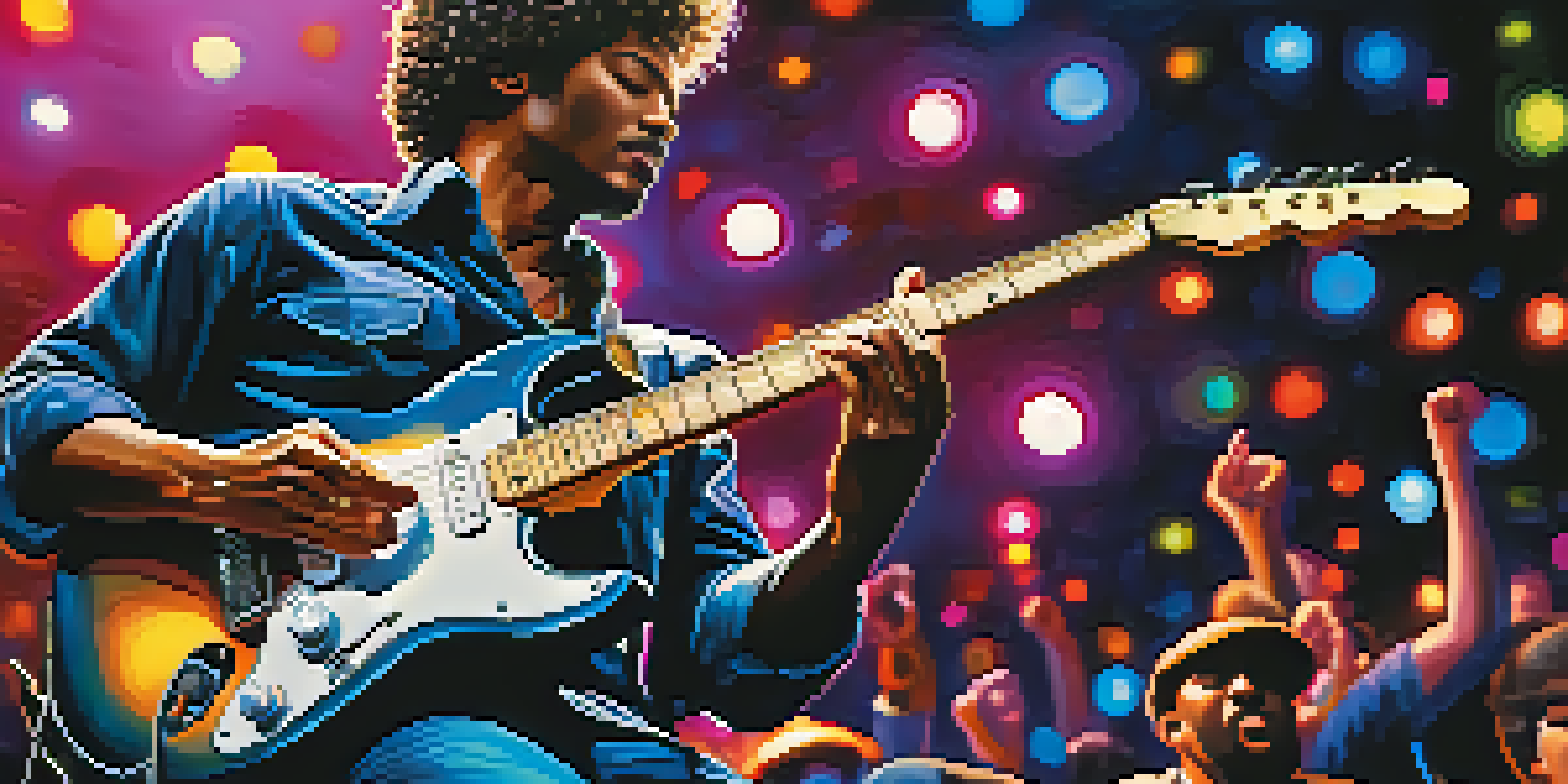 A seasoned blues guitarist playing an electric guitar on stage, with colorful lights and a cheering crowd.