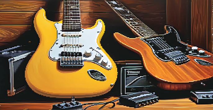 A vintage electric guitar on a wooden table with colorful guitar pedals around it, illuminated by warm lighting.