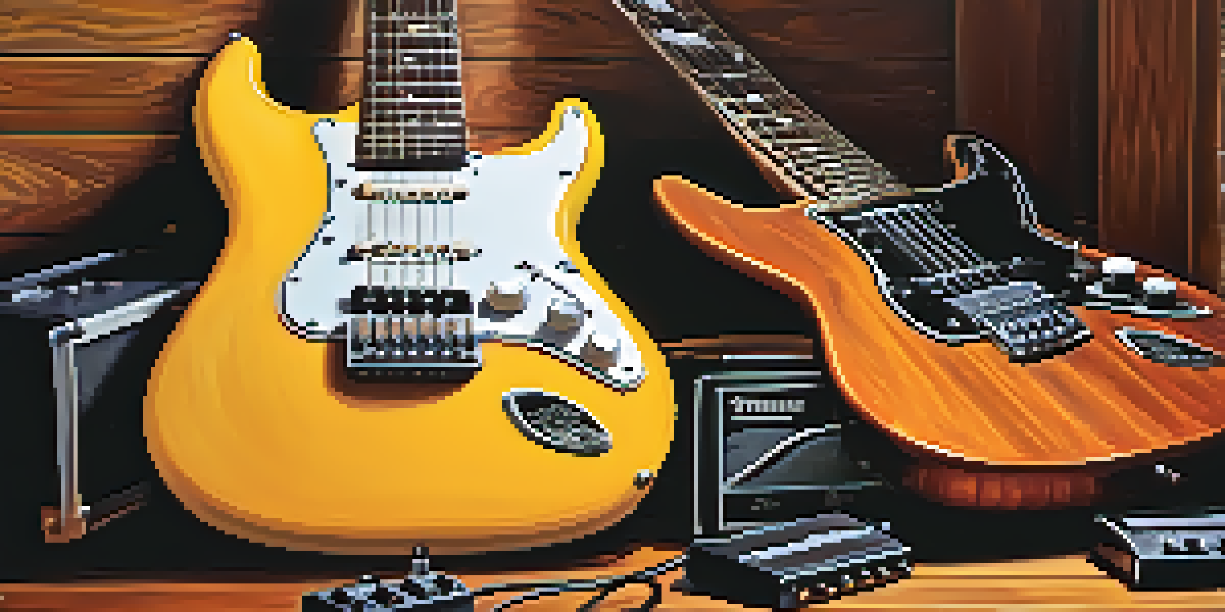 A vintage electric guitar on a wooden table with colorful guitar pedals around it, illuminated by warm lighting.