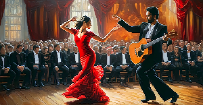 A flamenco dancer in a red dress performing on stage with a guitarist, showcasing energetic movements and warm lighting.