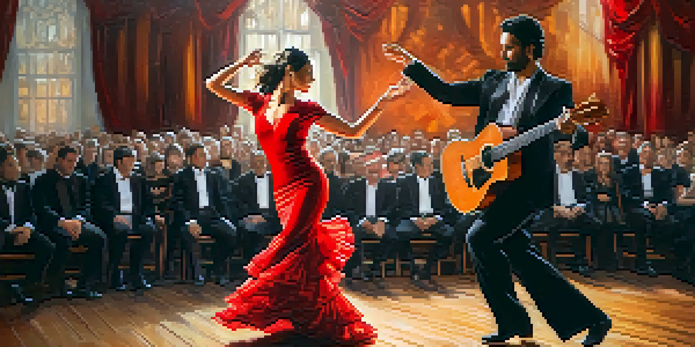A flamenco dancer in a red dress performing on stage with a guitarist, showcasing energetic movements and warm lighting.