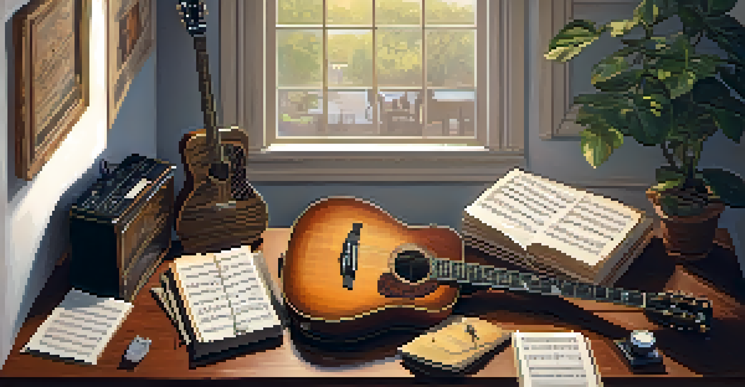 An overhead view of a guitarist's practice space with sheet music and a metronome on a wooden table, illuminated by soft, natural light.