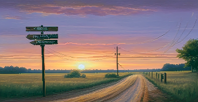 A rustic crossroads in Mississippi at dusk, featuring a wooden signpost and a vintage acoustic guitar.