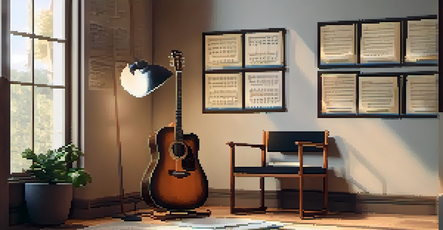 A cozy music practice corner with a vintage acoustic guitar, sound-absorbing panels, and soft lighting.