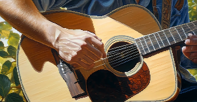 A close-up view of a guitarist's hands strumming an acoustic guitar, with sunlight filtering through tree leaves in the background.