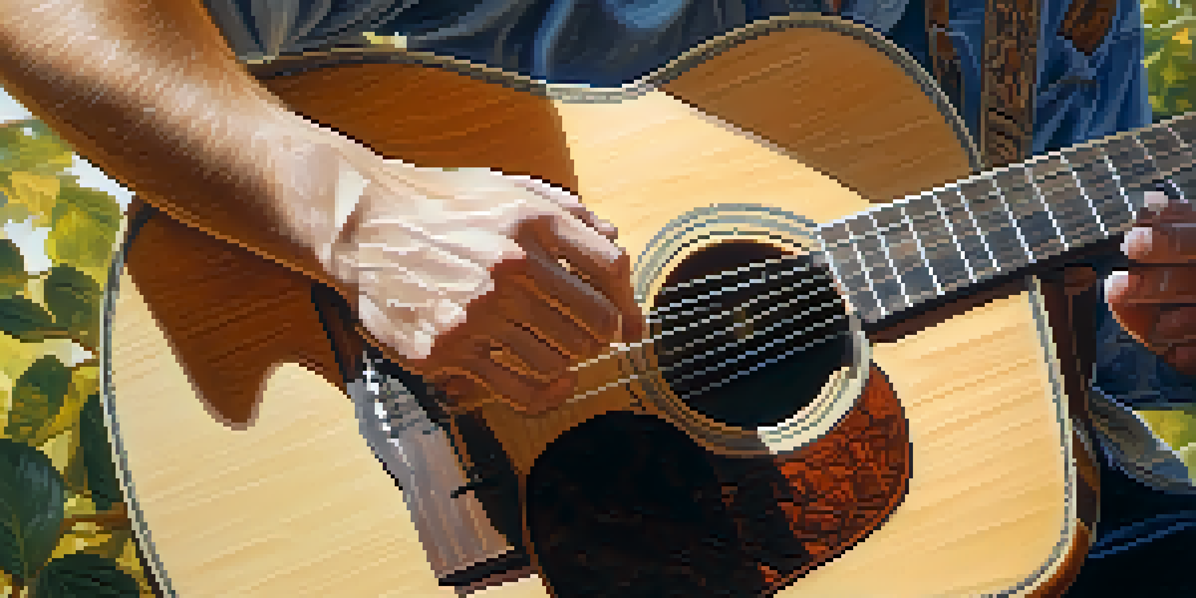 A close-up view of a guitarist's hands strumming an acoustic guitar, with sunlight filtering through tree leaves in the background.