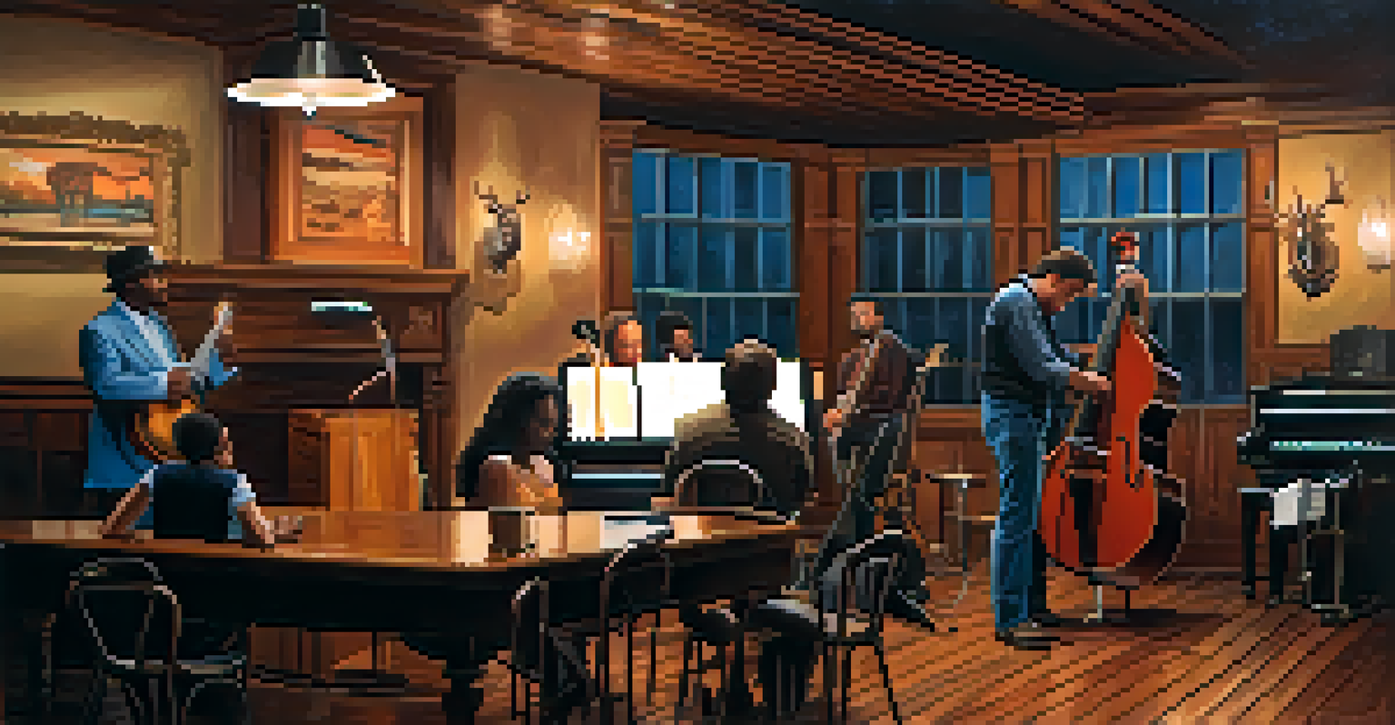 A Texas Blues jam session with musicians playing guitar, harmonica, and piano in a cozy, dimly lit room.