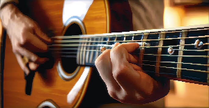 A close-up of a guitarist's hands on an acoustic guitar, showcasing finger placements and the instrument's texture in warm lighting.