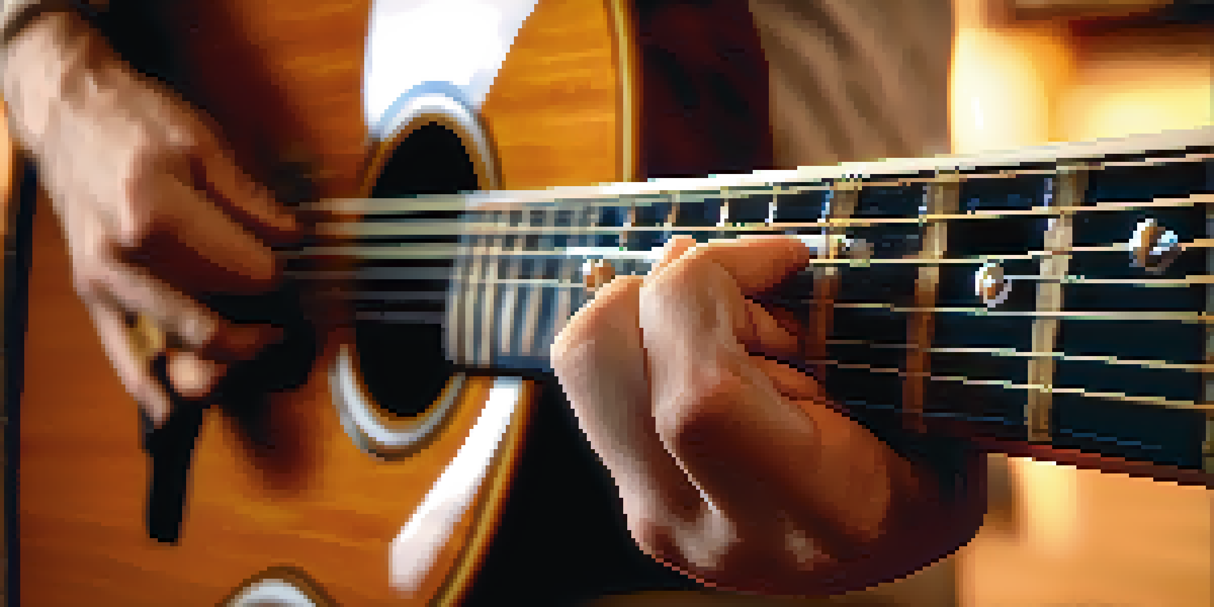 A close-up of a guitarist's hands on an acoustic guitar, showcasing finger placements and the instrument's texture in warm lighting.