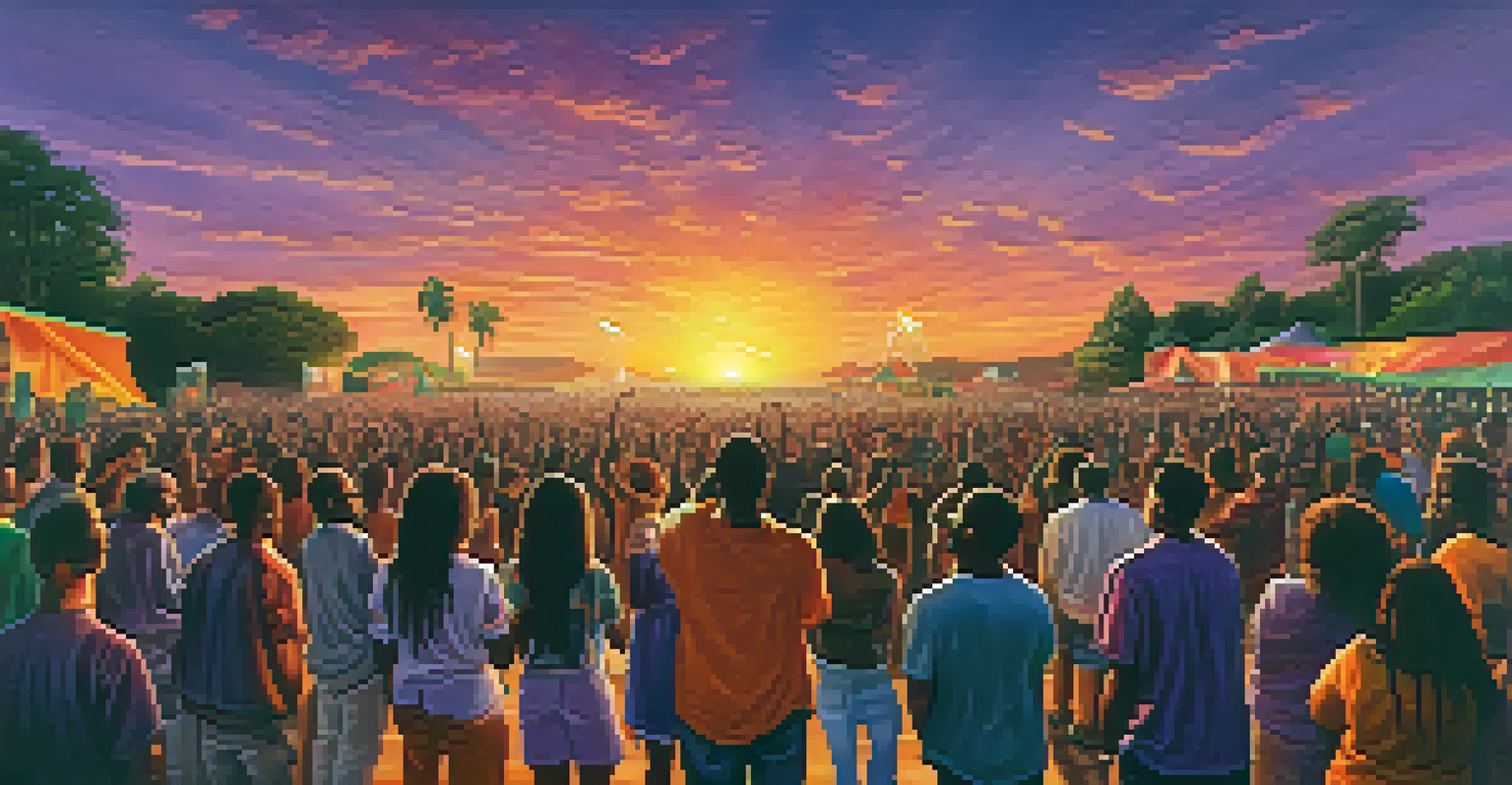 An outdoor reggae concert at sunset, with musicians performing and an engaged audience swaying to the rhythm under a colorful sky.