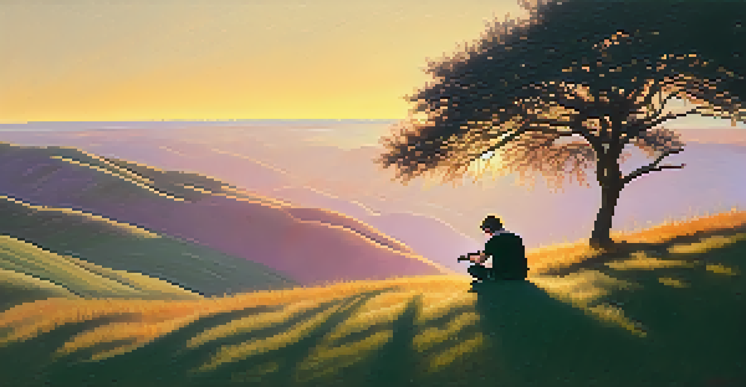 A guitarist playing on a hill at sunset, surrounded by nature with a colorful sky.