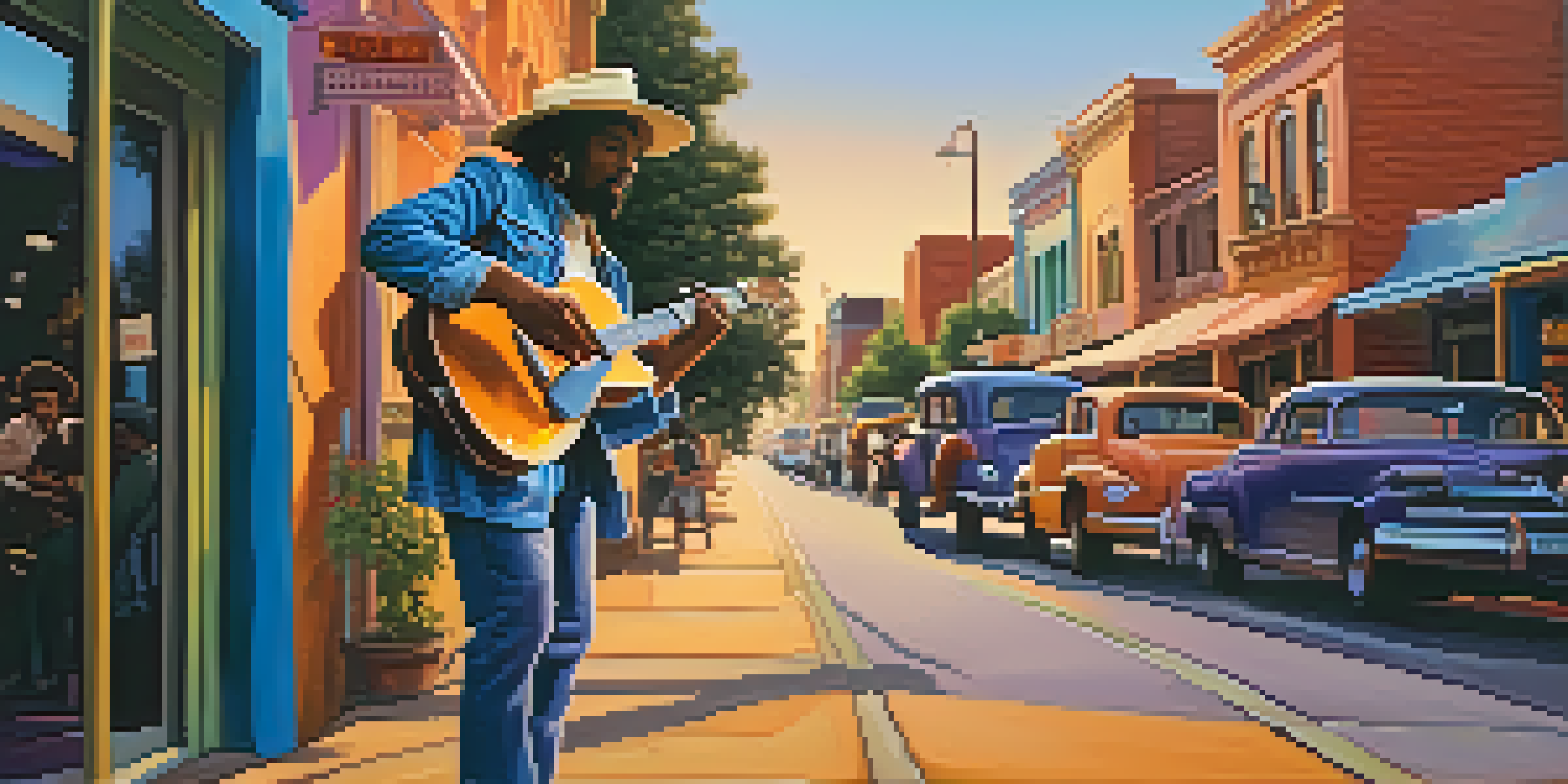 A Texas Blues musician playing an electric guitar at sunset on a lively street corner with colorful murals.