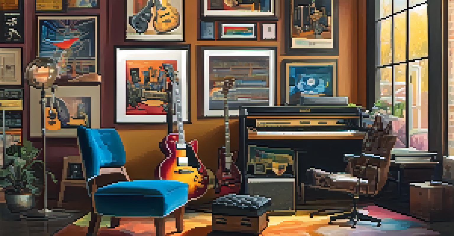 A colorful music studio filled with various guitars, posters of musicians, and inviting ambient lighting.