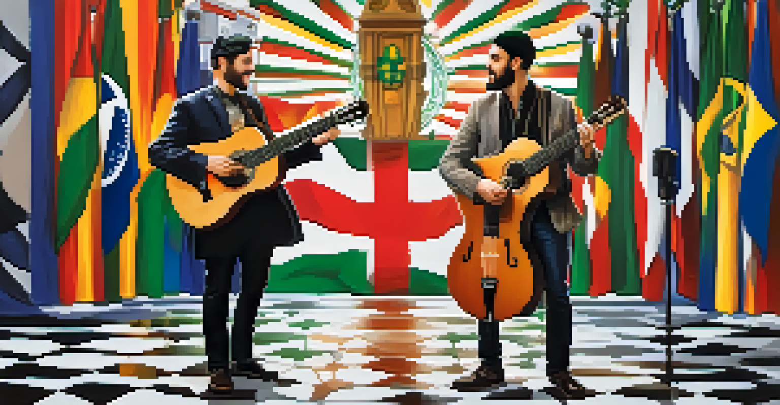 Two musicians from different cultures collaborating, with representations of Irish and Brazilian elements in the background.