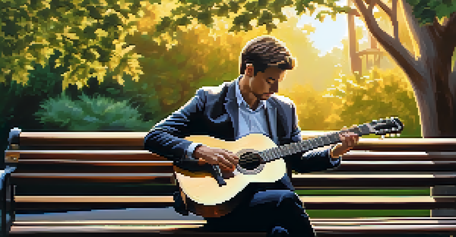 A guitarist playing in a park during sunset, surrounded by greenery and focused on their music.
