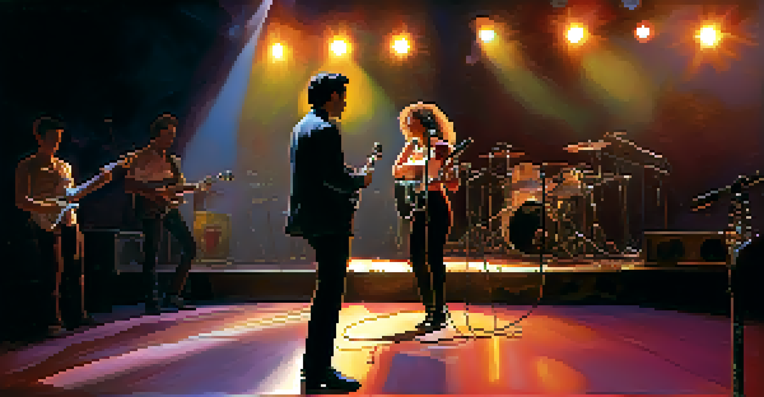 A singer on stage with a guitarist in the background, illuminated by soft colored lights.