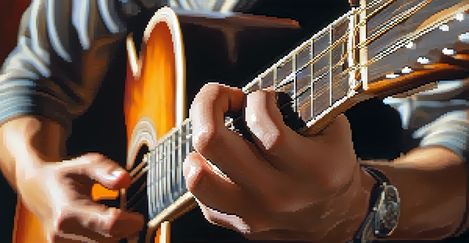 A close-up of a musician's hands playing an acoustic guitar, showing intricate fingerpicking patterns and warm, ambient lighting.