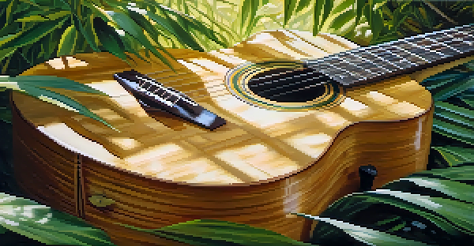 A close-up of a bamboo guitar surrounded by greenery with sunlight filtering through leaves.