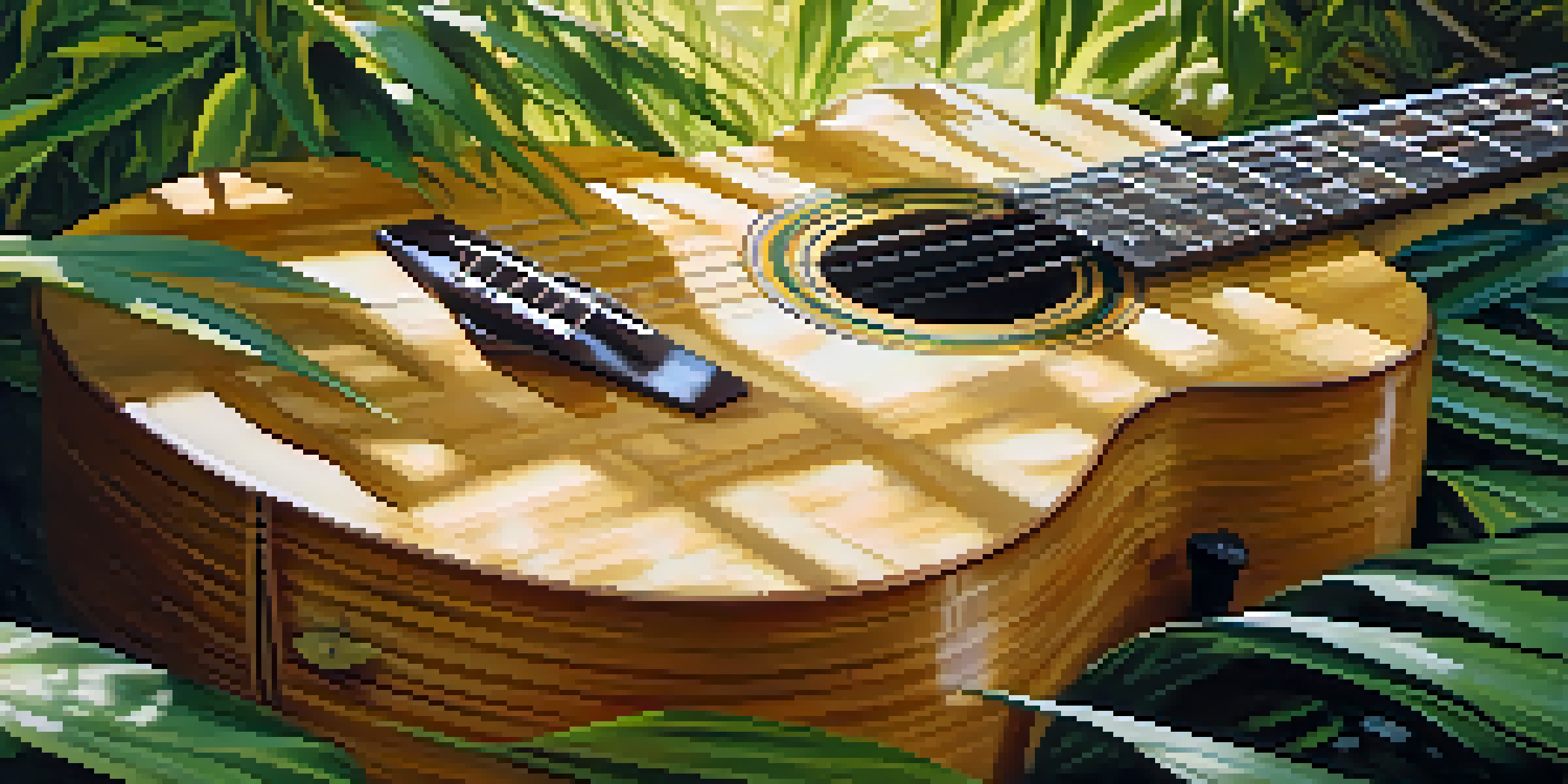 A close-up of a bamboo guitar surrounded by greenery with sunlight filtering through leaves.