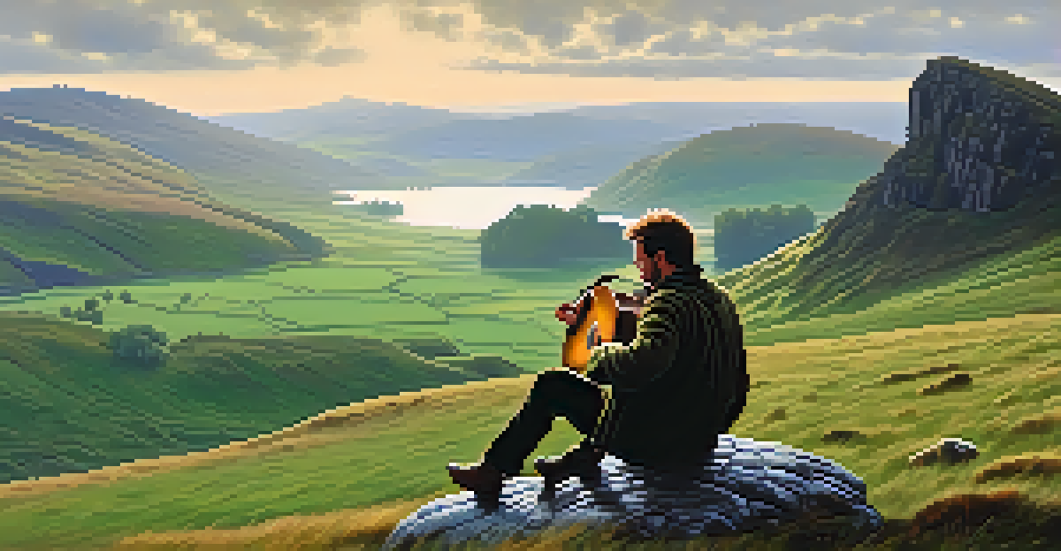 A lone guitarist in the Scottish Highlands, surrounded by misty hills and soft morning light.