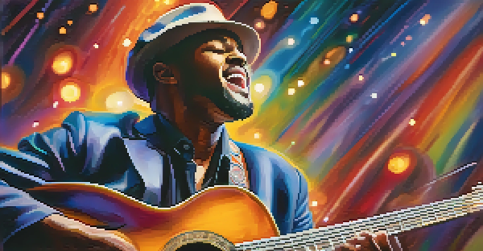 A jazz guitarist performing on stage with colorful lights and a blurred audience.