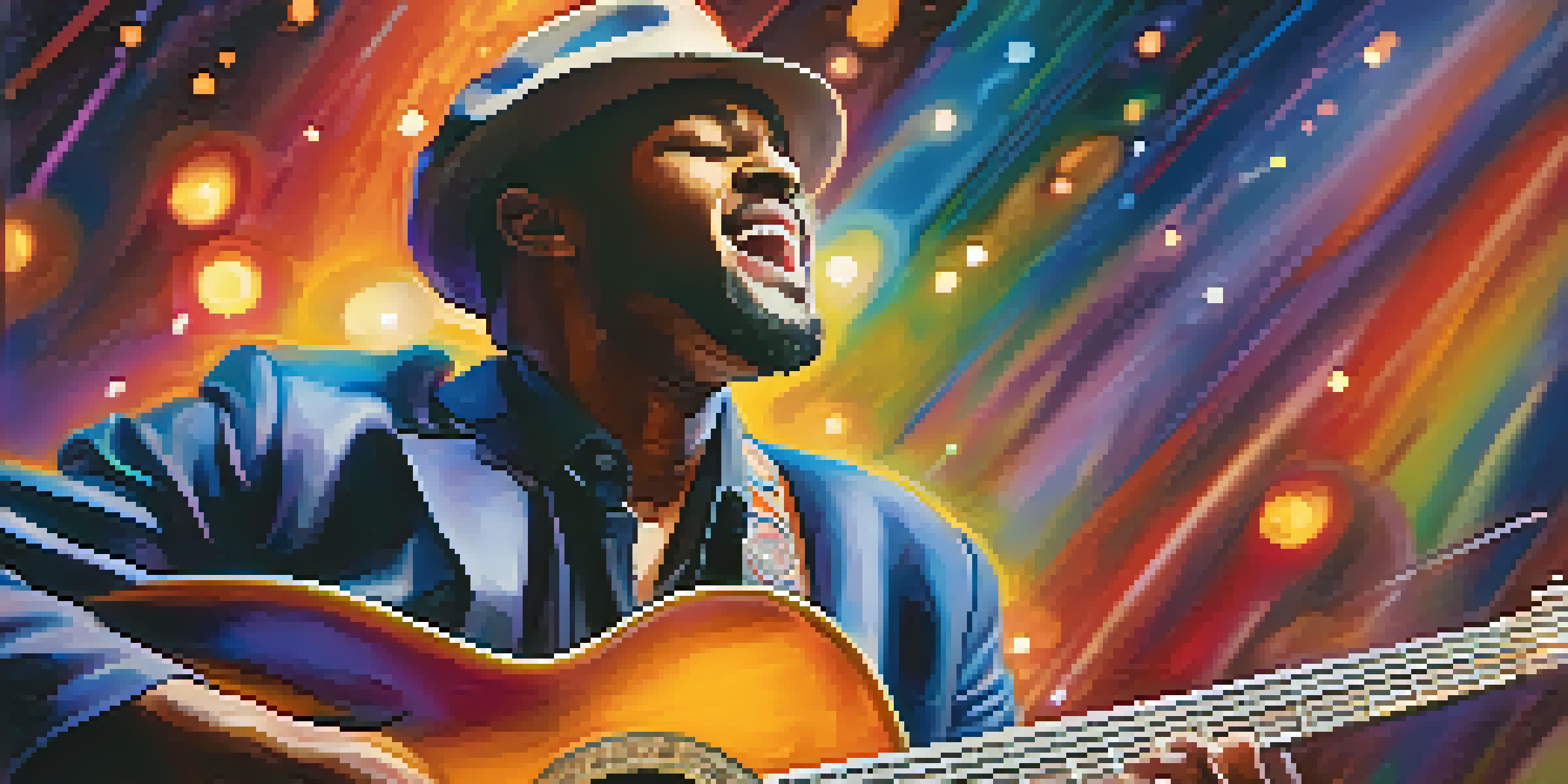 A jazz guitarist performing on stage with colorful lights and a blurred audience.