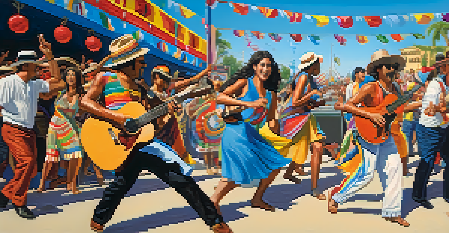 A lively outdoor Latin music festival with musicians playing guitars and people dancing under a blue sky.