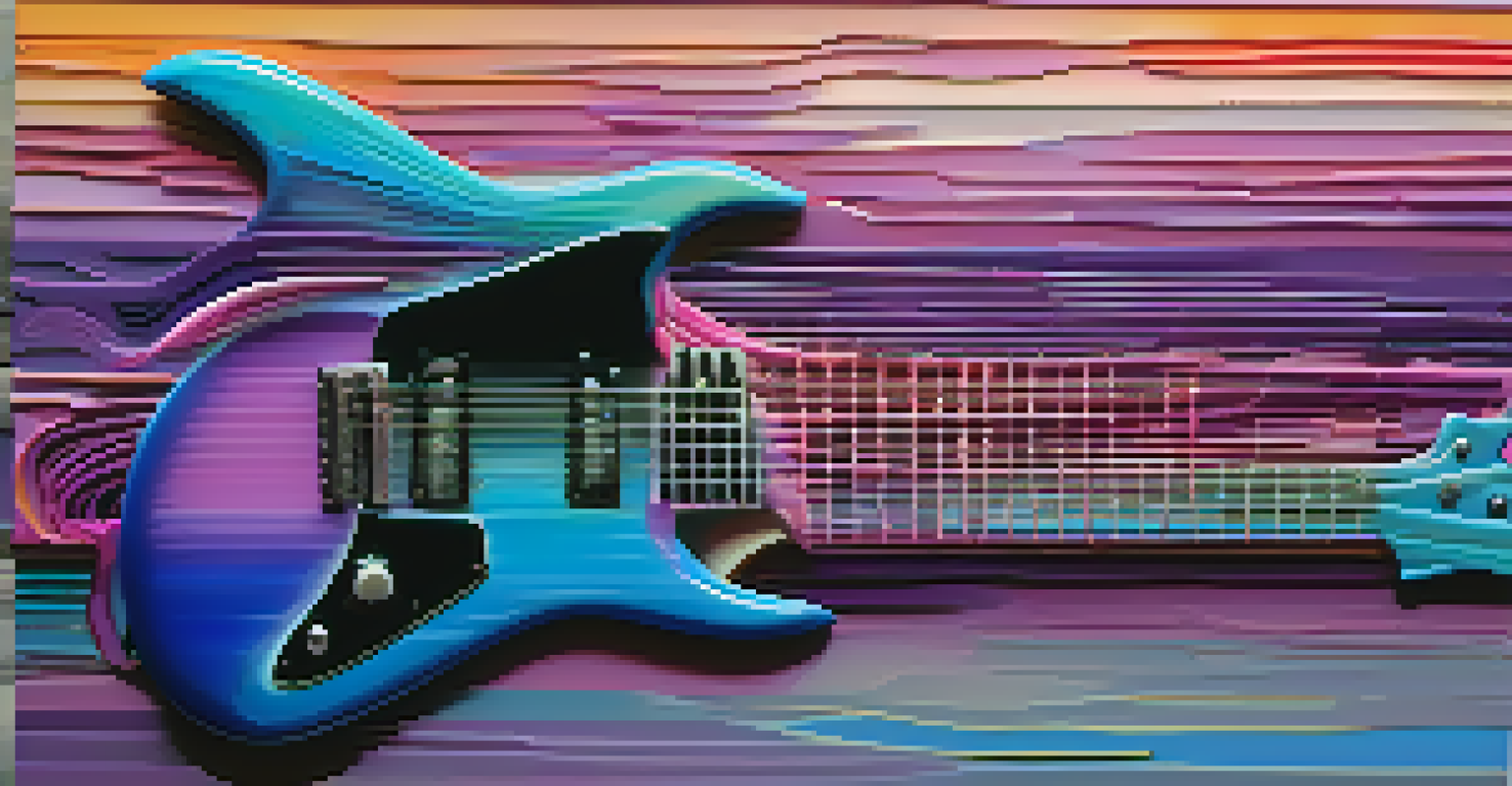An abstract illustration of colorful sound waves emanating from an electric guitar, set against a gradient background.