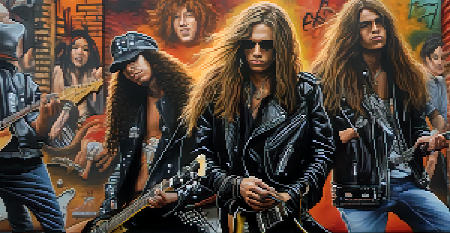 A group of young musicians in heavy metal fashion playing guitars in an urban setting.
