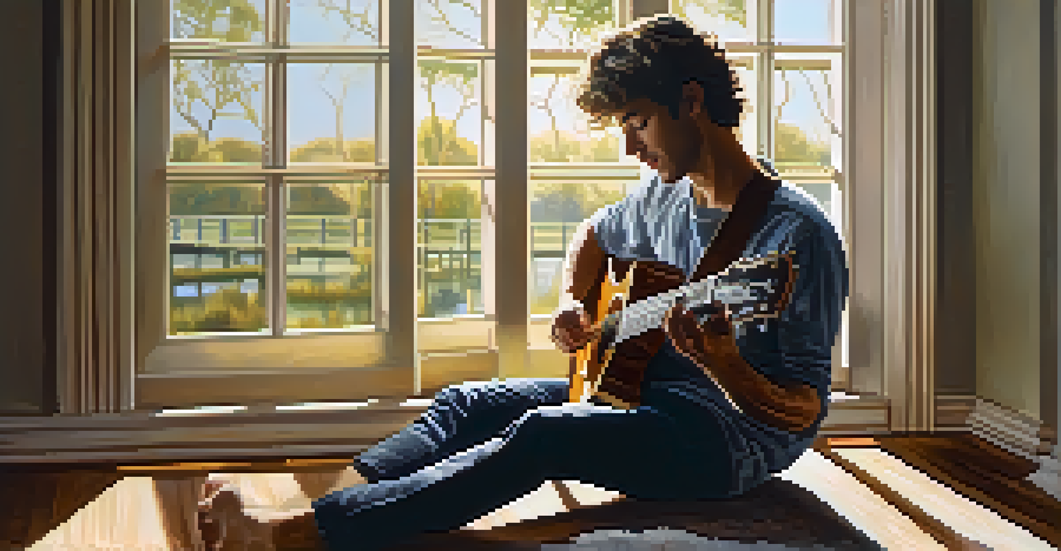 A guitarist playing a newly strung guitar in a sunlit room, with sunlight casting shadows and the strings gleaming.