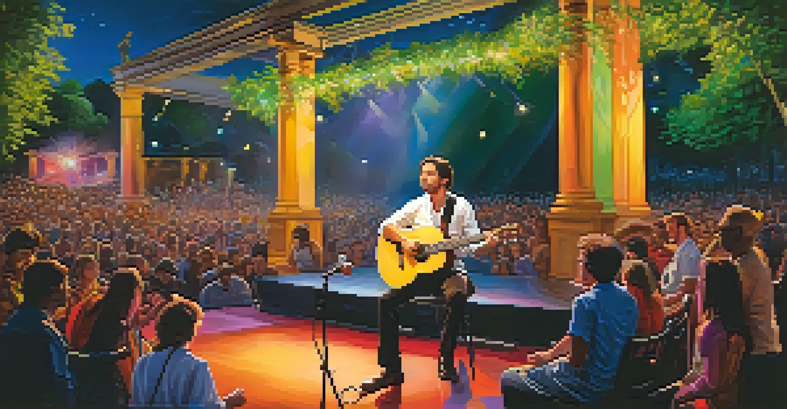 A classical guitarist performing on stage outdoors, surrounded by an engaged audience and colorful lights.