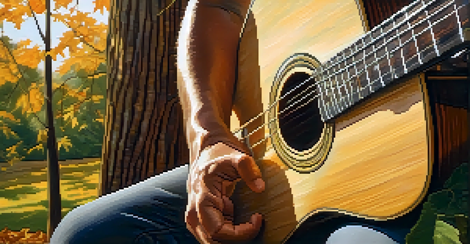 A guitarist's hands playing an acoustic guitar in sunlight, with leaves in the background.