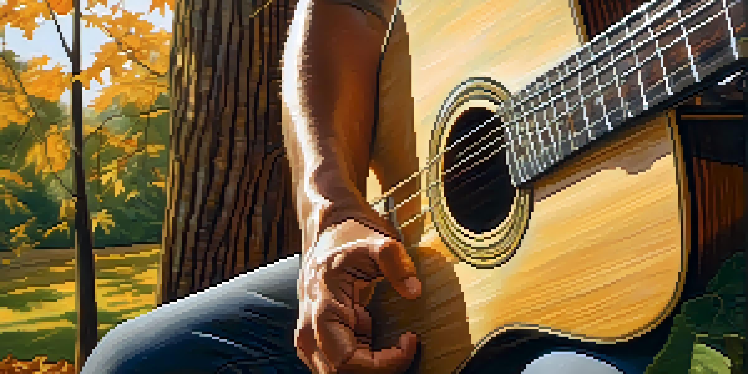 A guitarist's hands playing an acoustic guitar in sunlight, with leaves in the background.