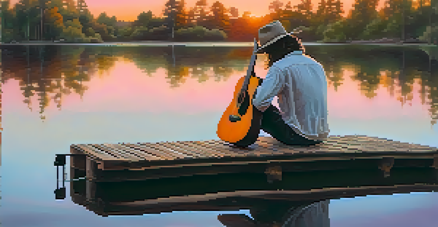 A young musician playing an acoustic guitar by a tranquil lake at sunset, surrounded by nature.