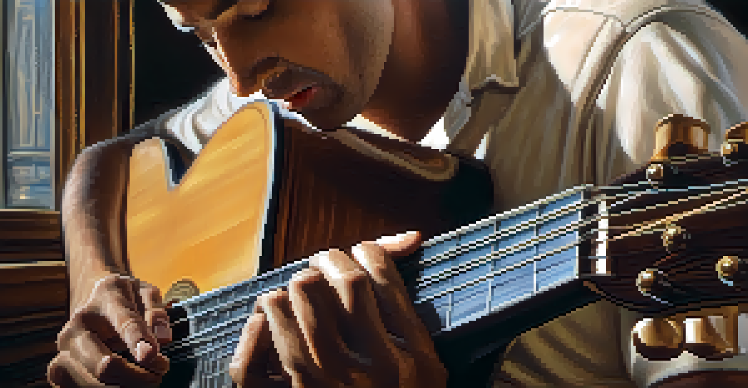 Close-up of a guitarist's hands playing a classical guitar, showing detailed textures of the guitar and fingers.