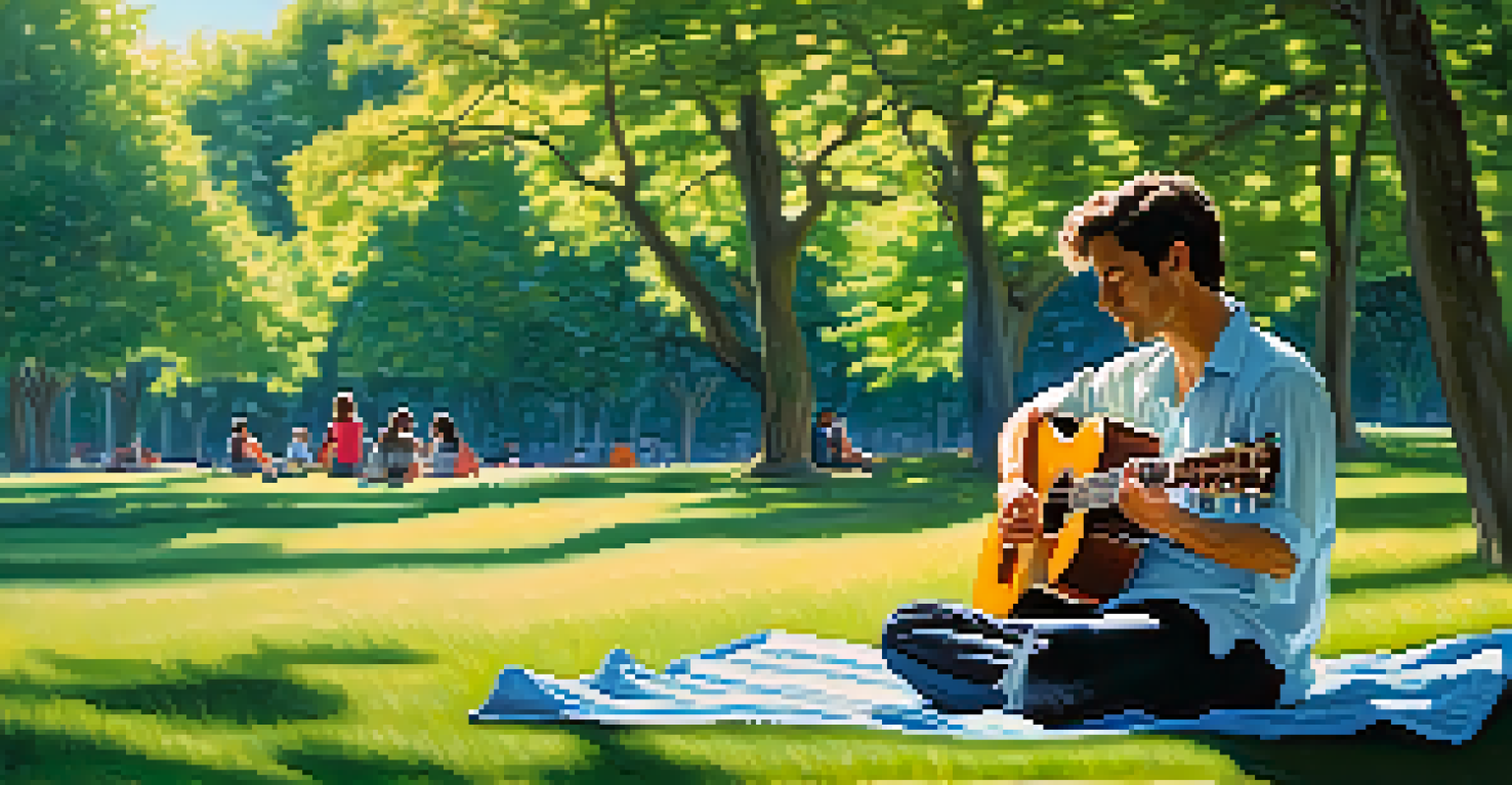 Musician playing fingerstyle guitar in a park, surrounded by trees and sunlight, with vibrant colors.