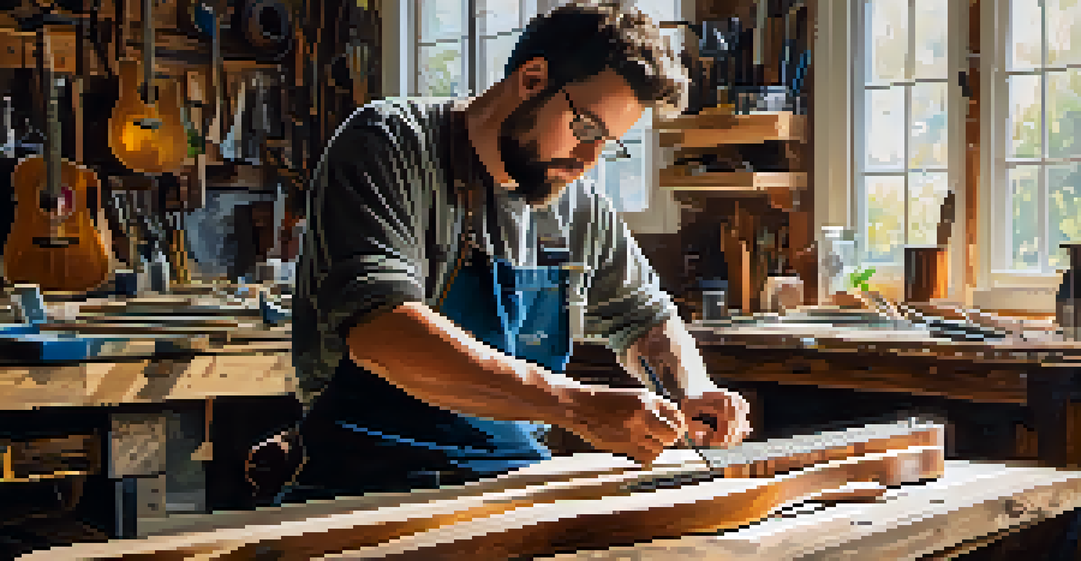 An artist working on a guitar in a workshop filled with tools and reclaimed wood, with natural light coming through a window.