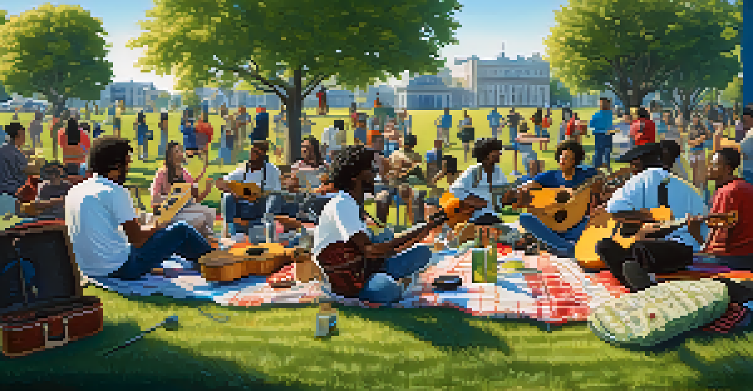 A vibrant jam session in a park with musicians of all skill levels collaborating and enjoying music together.