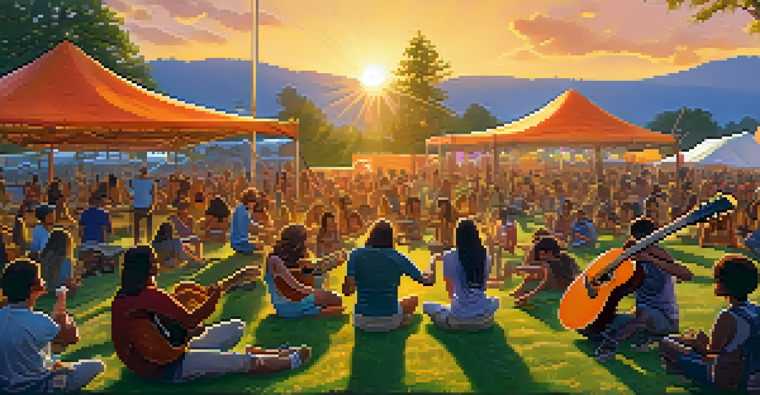 Musicians playing guitars made from renewable materials at a festival, with a sunset and vibrant crowd in the background.