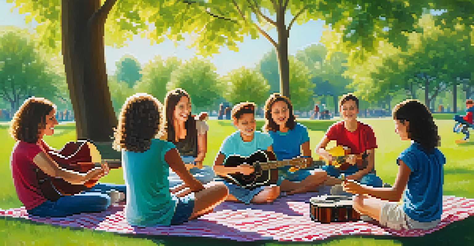 An outdoor guitar lesson in a park with a teacher and enthusiastic students on a sunny day.