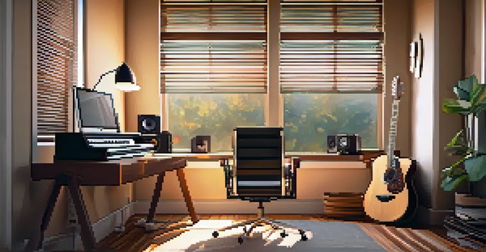 A warm and inviting home studio with a guitar, audio interface, and laptop, lit by natural light from a window.