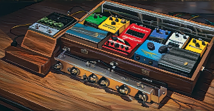 A detailed view of a vibrant pedalboard displaying different guitar pedals, highlighting their unique designs and colors.
