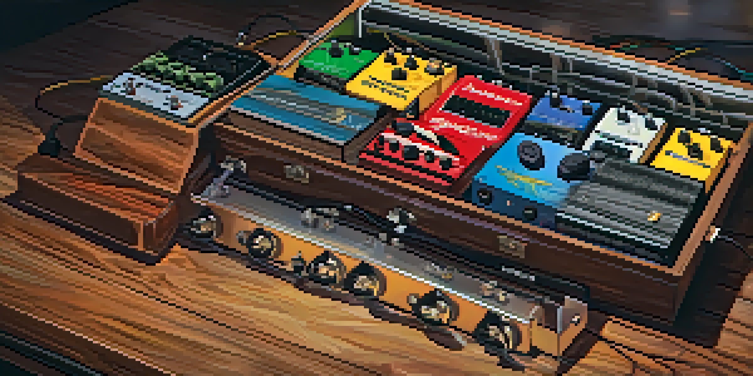 A detailed view of a vibrant pedalboard displaying different guitar pedals, highlighting their unique designs and colors.