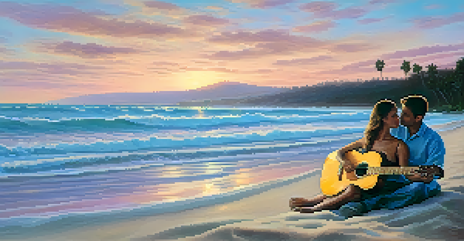 A couple on a beach at dusk, enjoying Bossa Nova music with a guitar beside them, surrounded by soft waves and pastel-colored skies.