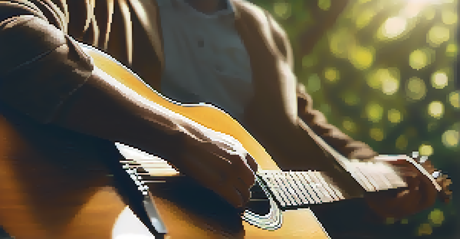 Close-up of hands strumming a guitar, with a blurred outdoor background featuring sunlight filtering through leaves.