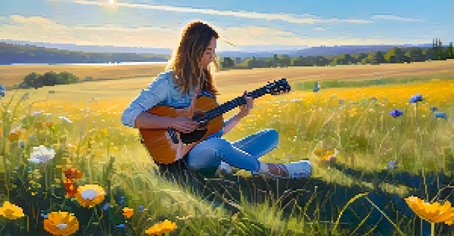 A person tuning their guitar outside in a sunny field filled with wildflowers.